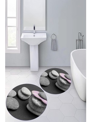 PremiumPort 3D Dijital Baskılı Yuvarlak Banyo Paspası Seti 2'li Klozet Takımı