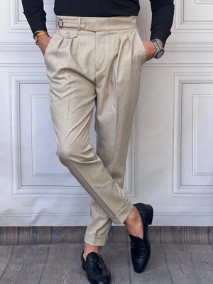 Modefendicom Kuşak Toka Detaylı Kuş Gözü Desen Pileli Pantolon