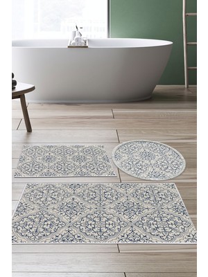 PremiumPort Modern 3'lü Dijital Banyo Paspas Takımı, Keçe Kaymaz Taban, Yuvarlak, Krem