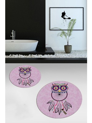 PremiumPort Yıkanabilir, Kaymaz, Baykuş Desenli, Ikili Banyo Halısı ve Klozet Takımı