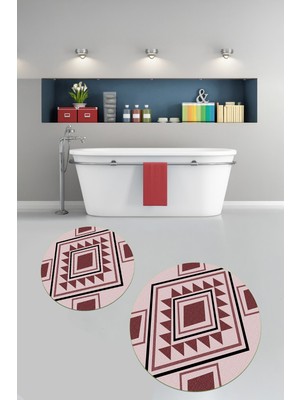 PremiumPort Yıkanabilir, Baskılı, Kaymaz Taban, Yuvarlak Banyo Paspası 2'li Takım