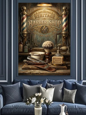Özgürce Nostaljik Berber Salonu Dekoratif Kanvas ve Mdf Ahşap Tablo