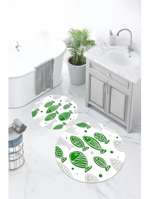 PremiumPort Yıkanabilir Balık Desenli Kaymaz Banyo Paspası Takımı, Yuvarlak ve Şık