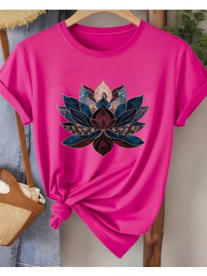 Nıgrum Pardus Yeni Sezon Yuvarlak Yaka Lotus Çiçeği Baskılı %100 Pamuk Battal Kadın T-Shirt