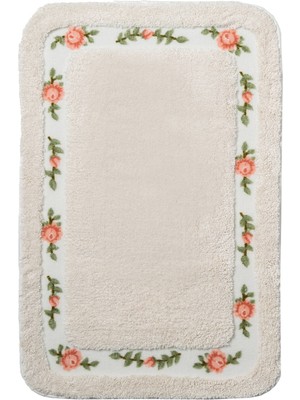 PremiumPort Şık ve Yumuşak Gül Temalı Banyo Paspası 70X120 cm Beyaz