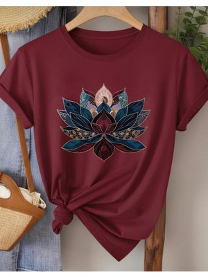 Nıgrum Pardus Yeni Sezon Yuvarlak Yaka Lotus Çiçeği Baskılı %100 Pamuk Battal Kadın T-Shirt