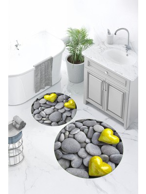 PremiumPort 3D Baskılı Kaymaz Taban Yuvarlak Banyo Paspası 2'li Klozet Takımı