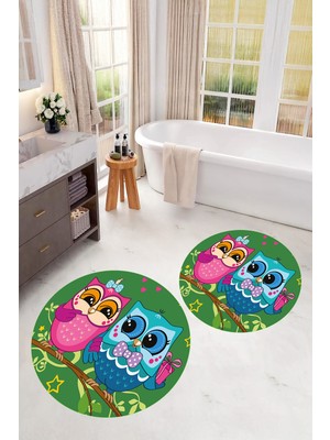 PremiumPort Yıkanabilir Baykuş Desenli Yuvarlak Banyo Paspası Çift Takım