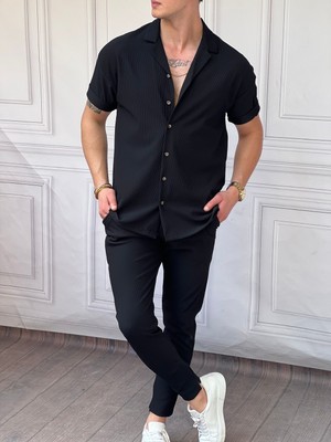 Modefendicom Fitil Desenli Oversize Kısa Kollu Gömlekli Takım