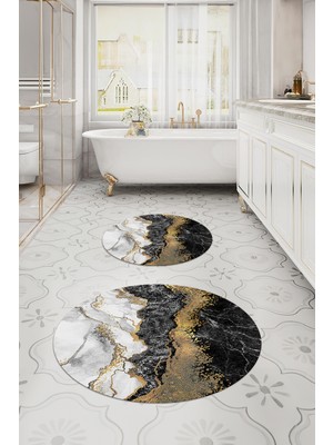 PremiumPort Yıkanabilir Kaymaz Taban Mermer Model Yuvarlak Banyo Paspası Klozet Takımı