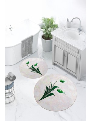 PremiumPort Yıkanabilir Çiçek Desenli Yuvarlak Banyo Paspası 2'li Set