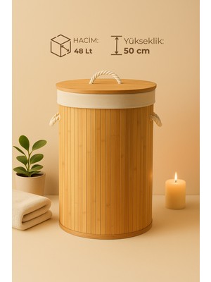 Özgürce Bambu Yuvarlak Çamaşır Sepeti, Kapaklı, Modern ve Dekoratif, 35X50 cm