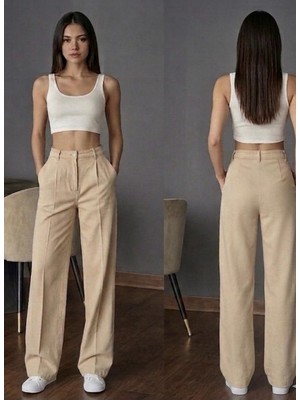 Umut Tekstil Kadın  Yüksek Bel Palazzo Pantolon Pileli Düğme Detaylı Bol Kesim Likralı Kumaş Pantolon