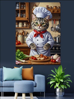 Özgürce Şef Kedi Temalı Dekoratif Kanvas ve Mdf Ahşap Tablo, Şık ve Zarif Tasarım