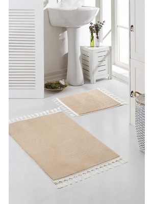 PremiumPort Yıkanabilir Premium Beyaz Ponpon Saçaklı Kaymaz Taban Post Banyo Paspası 2'li