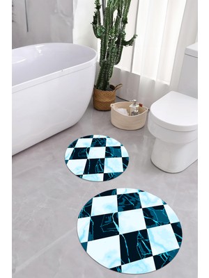 PremiumPort Yıkanabilir Mermer Desenli Yuvarlak Banyo Paspası ve Klozet Takımı