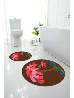 PremiumPort Yıkanabilir Flamingo Desenli Yuvarlak Banyo Paspası ve Klozet Takımı