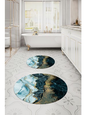 PremiumPort Dijital Yıkanabilir Kaymaz Taban Mermer Model Yuvarlak Banyo Paspası Klozet Takımı