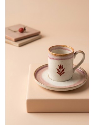 Evcime Modern Tasarım 2 Kişilik 4 Parça Porselen Kahve Fincanı Seti - Lale Desenli - Pembe ve Krem Geçişli