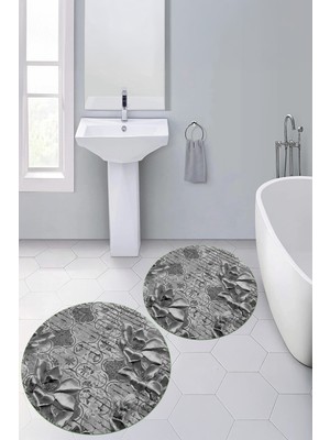 PremiumPort Yıkanabilir Çiçekli Yuvarlak Banyo Paspası ve Klozet Takımı Seti