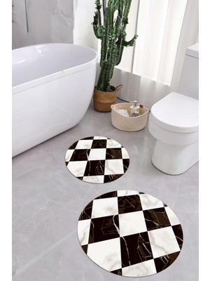 PremiumPort Yıkanabilir Mermer Desenli Yuvarlak Banyo Paspası ve Klozet Takımı