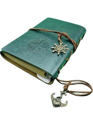 Lidyahan Store Retro Vintage Pusula Baskılı Çapa ve Dümen Kolye Uçlu Deri Kapaklı Günlük Not Defteri Denizci Defter Özel Tasarım Hediyelik Yeşil