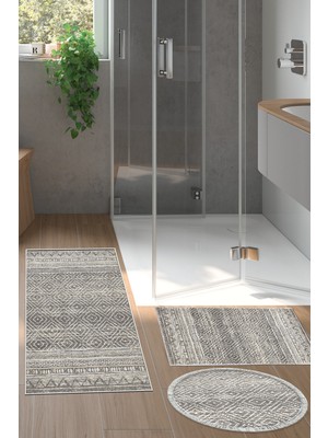 PremiumPort Kaymaz Taban 3'lü Banyo Paspas Takımı, Trend Karışık, Yuvarlak, Gri