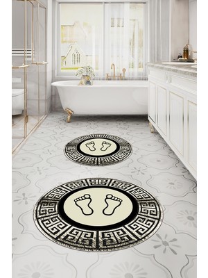 PremiumPort Dijital Yıkanabilir Çerçeveli Ayak Baskılı Yuvarlak Banyo Paspası Seti