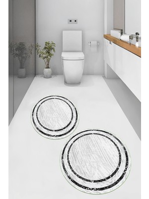 PremiumPort Yıkanabilir Yuvarlak Banyo Paspası 2'li Set, Kaymaz ve Çerçeveli