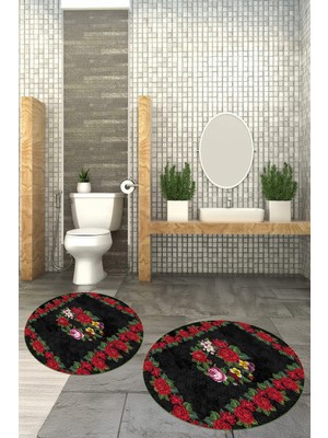 PremiumPort Yıkanabilir, Kaymaz, Yuvarlak, Baskılı Banyo Paspası, 2'li Klozet Takımı