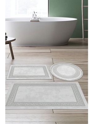 PremiumPort Modern 3'lü Yuvarlak Banyo Paspas Takımı, Kaymaz Taban, Trend Karışık Gri