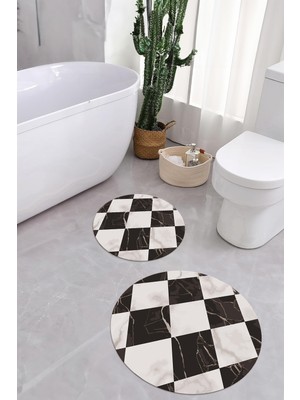 PremiumPort Dijital Mermer Desenli Yuvarlak Banyo Paspası ve Klozet Takımı