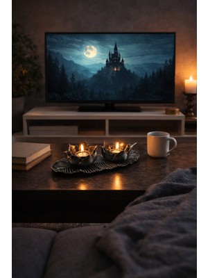 Özgürce Yaprak Figürlü Çiftli Gold Mumluk, Şık ve Dekoratif Ev Aksesuarı