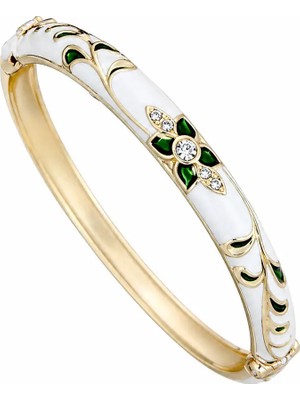 Nergis Collection Beyaz Mineli Yeşil Taş Detaylı Altın Renk Kelepçe Bilezik Kadın
