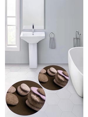 PremiumPort 3D Dijital Baskılı Yuvarlak Banyo Paspası 2’li Klozet Takımı