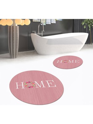 PremiumPort Yıkanabilir ve Kaymaz Yuvarlak Banyo Paspası, Ikili Klozet Takımı, Pembe