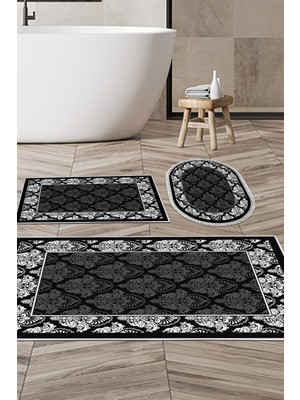 PremiumPort Şık Oval Modern Banyo Paspas Takımı, 3'lü, Kaymaz Taban, Siyah 700M