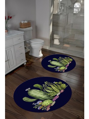 PremiumPort Yıkanabilir Kaymaz Taban Kaktüs Desenli Yuvarlak Banyo Paspası Takımı