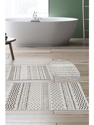 PremiumPort Kaymaz Taban 3'lü Banyo Paspas Takımı, Pamuk Karışık, Oval, Bej