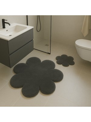 Özgürce Çiçek Desenli Antrasit Yumuşak Salon Halısı 2'li Set, Modern ve Dekoratif