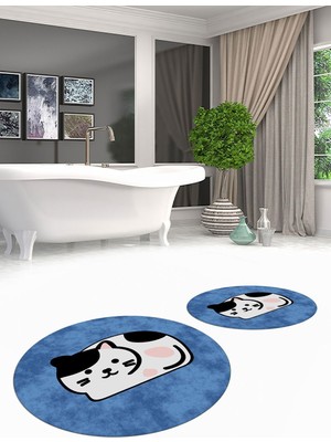 PremiumPort 3D Kedi Desenli Yıkanabilir Kaymaz Banyo Halısı ve Klozet Takımı Seti