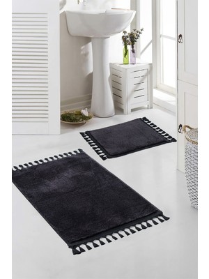 PremiumPort Yıkanabilir Ponpon Saçaklı Kaymaz Taban Post Banyo Paspası 2'li Takım