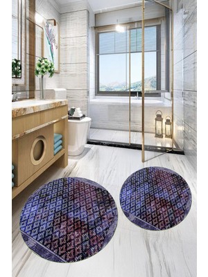 PremiumPort Yıkanabilir Dijital Baskılı Yuvarlak Banyo Paspası Çift Takım