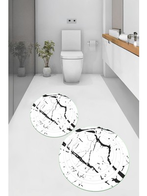 PremiumPort Yıkanabilir Mermer Desenli Yuvarlak Banyo Paspası Çift Seti