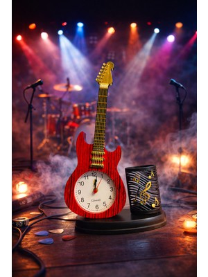 Özgürce Orta Boy Gitar Tasarımlı Masa Saati ve Kalemlik, Müzik Temalı Dekorasyon