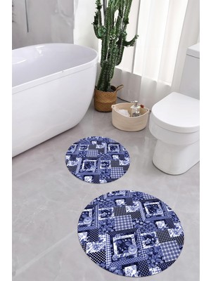 PremiumPort Yıkanabilir Çiçek Desenli Yuvarlak Banyo Paspası Klozet Takımı