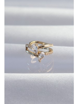 Ronanna Pirinç Gold Renk Zirkon Taşlı Damla Earcuff Küpe