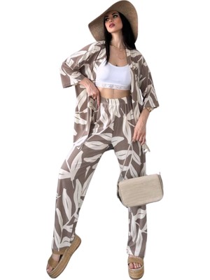 Ronanna Alt Üst Takım Kimono- Desenli-Kahverengi