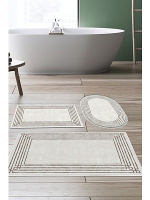 PremiumPort Şık Oval Modern Banyo Paspas Takımı, Kaymaz Taban, 3'lü Set, Trend M5142