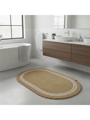 PremiumPort Doğal Hasır Çizgili Jüt Paspas 60X100 Cm, Banyo ve Balkon Için Yıkanabilir